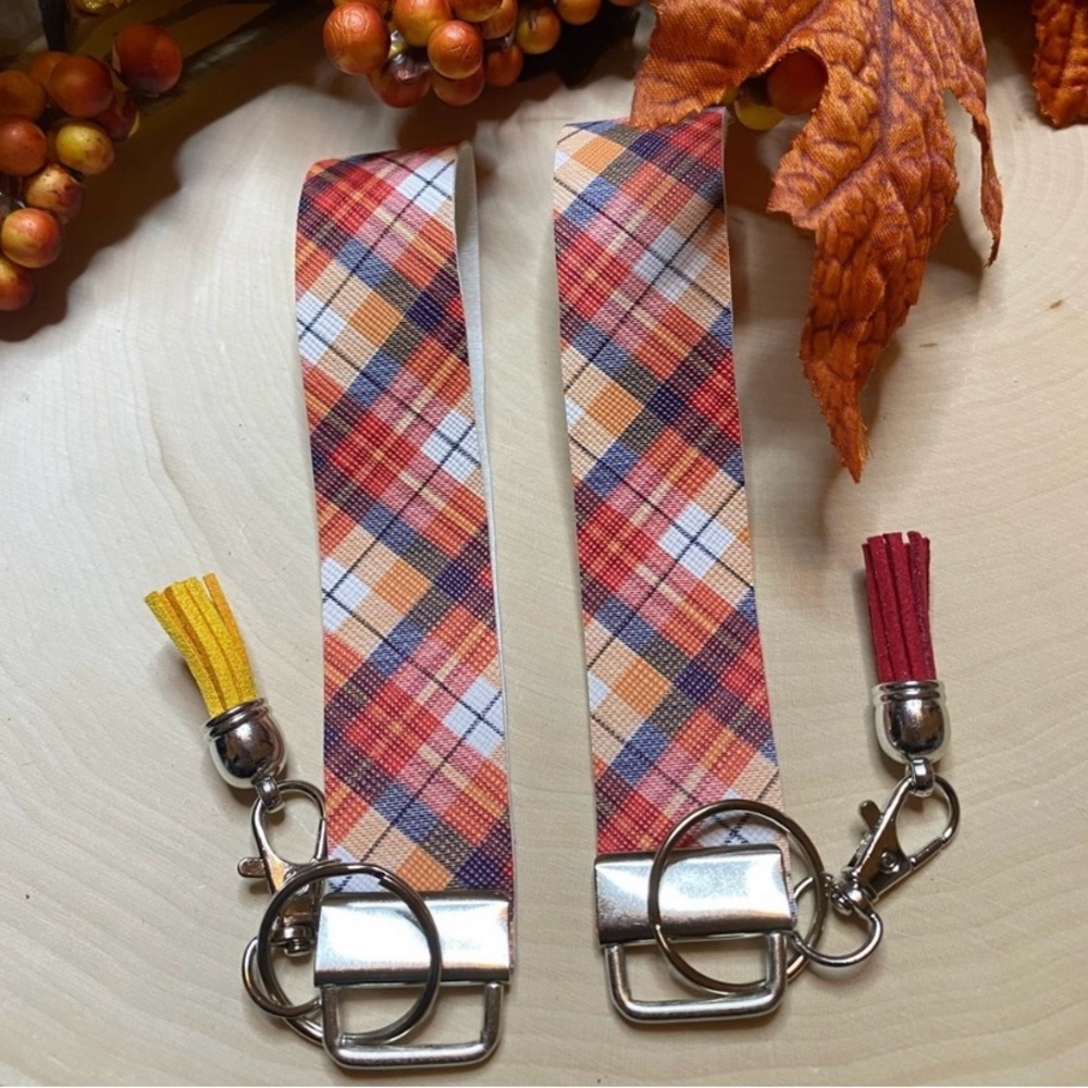 Fall Plaid Colors Faux Leather Keychain (price is for 1)